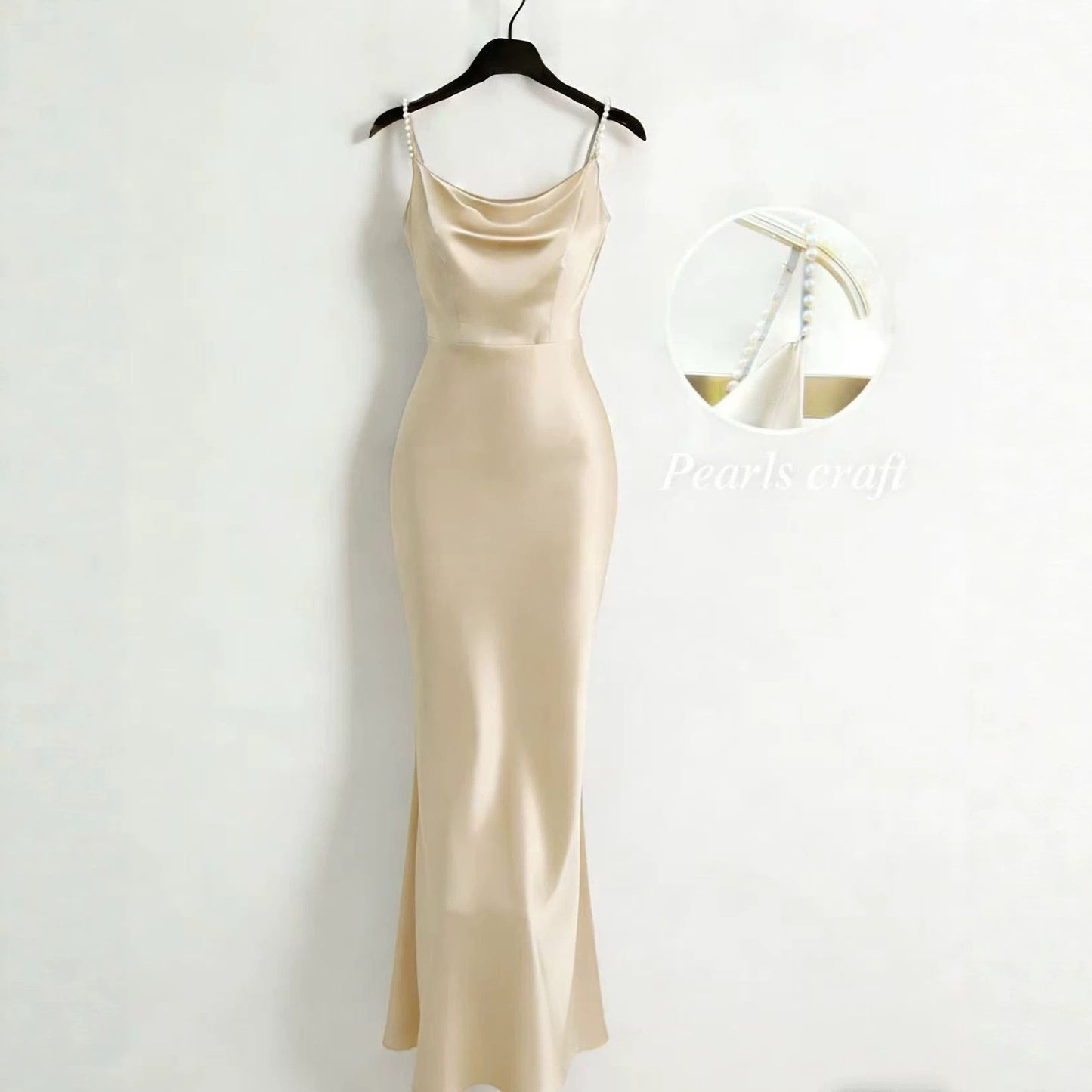 Satin Handmade Pearl Spaghetti Strap Slimming Fishtail Dress