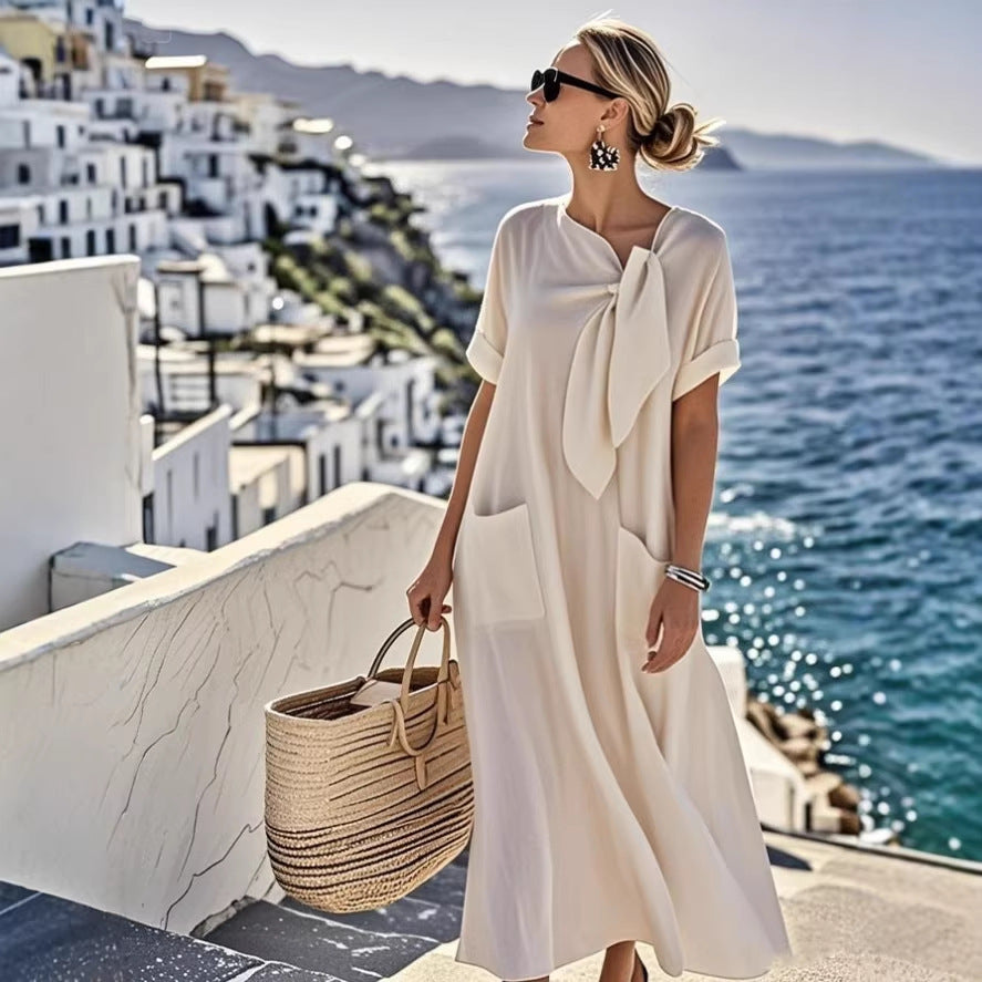 Sleeve Bow Pocket Wide Hem Loose Dress