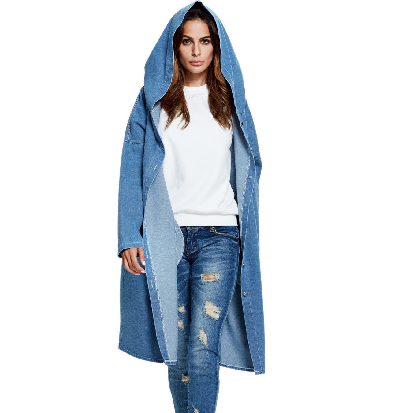 Trendy Comfortable Denim Overcoat Hooded Trench Coats