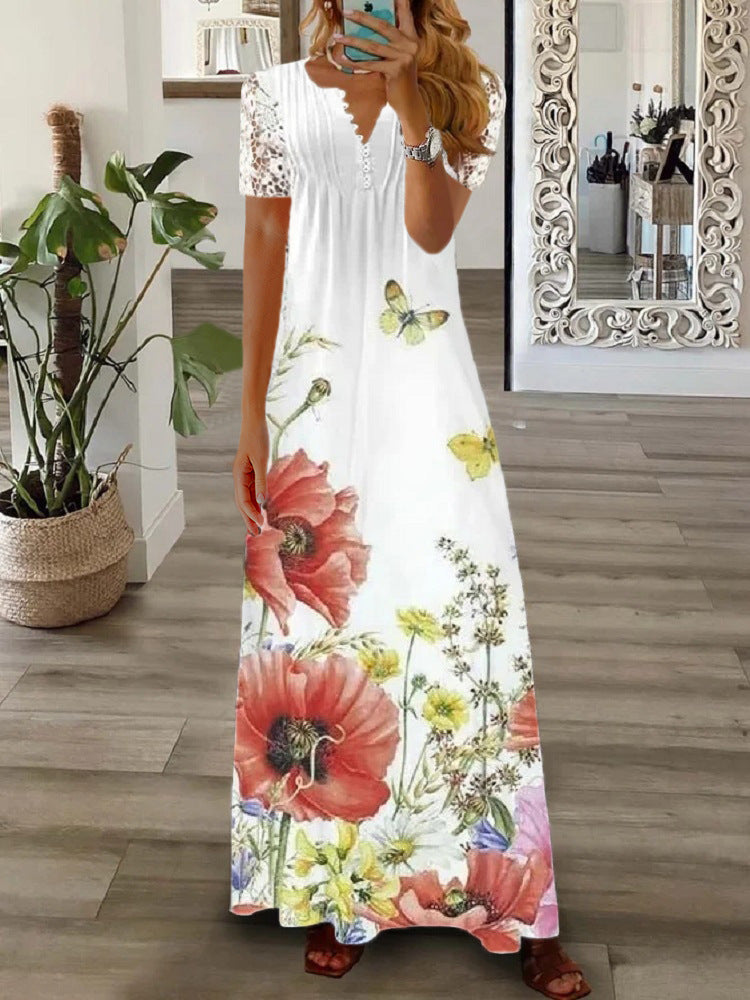 Creative Women's Fashion Short-sleeved Printed Lace Dress