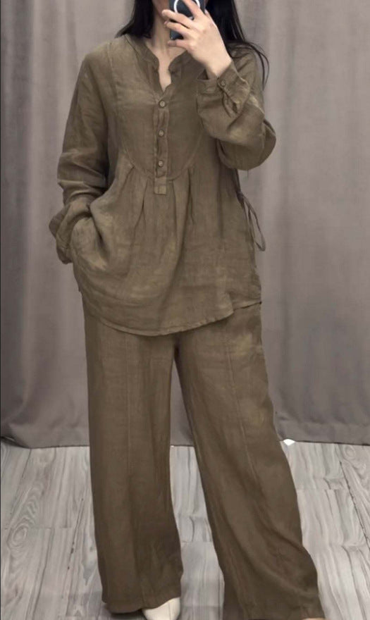 Cotton Linen Long Sleeve Half Pleating Wide Cardigans