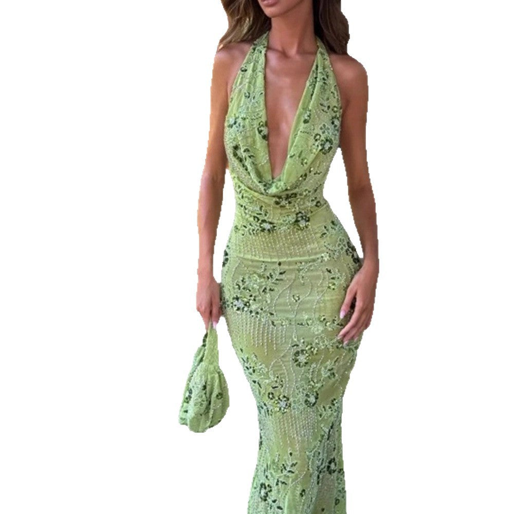 Elegant Halter Dress Sequin Beaded Bare Dresses