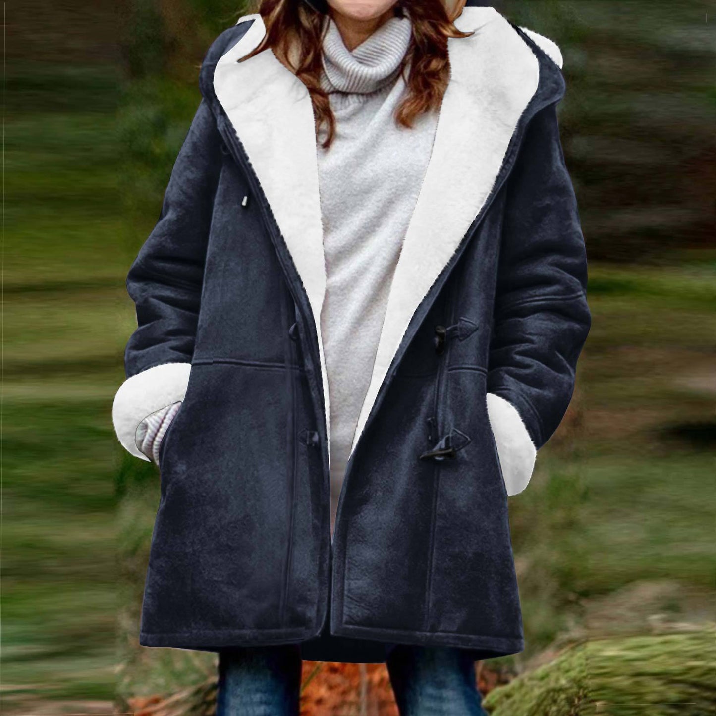 Women's Long Sleeve Horn Button Suede Fleece-lined Coats