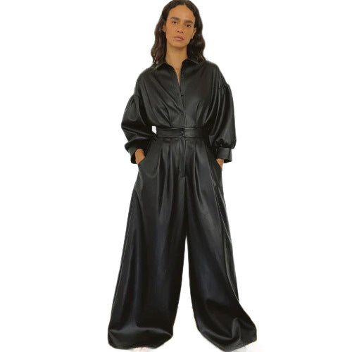 Autumn Black Retro Loose Leather Button Suits