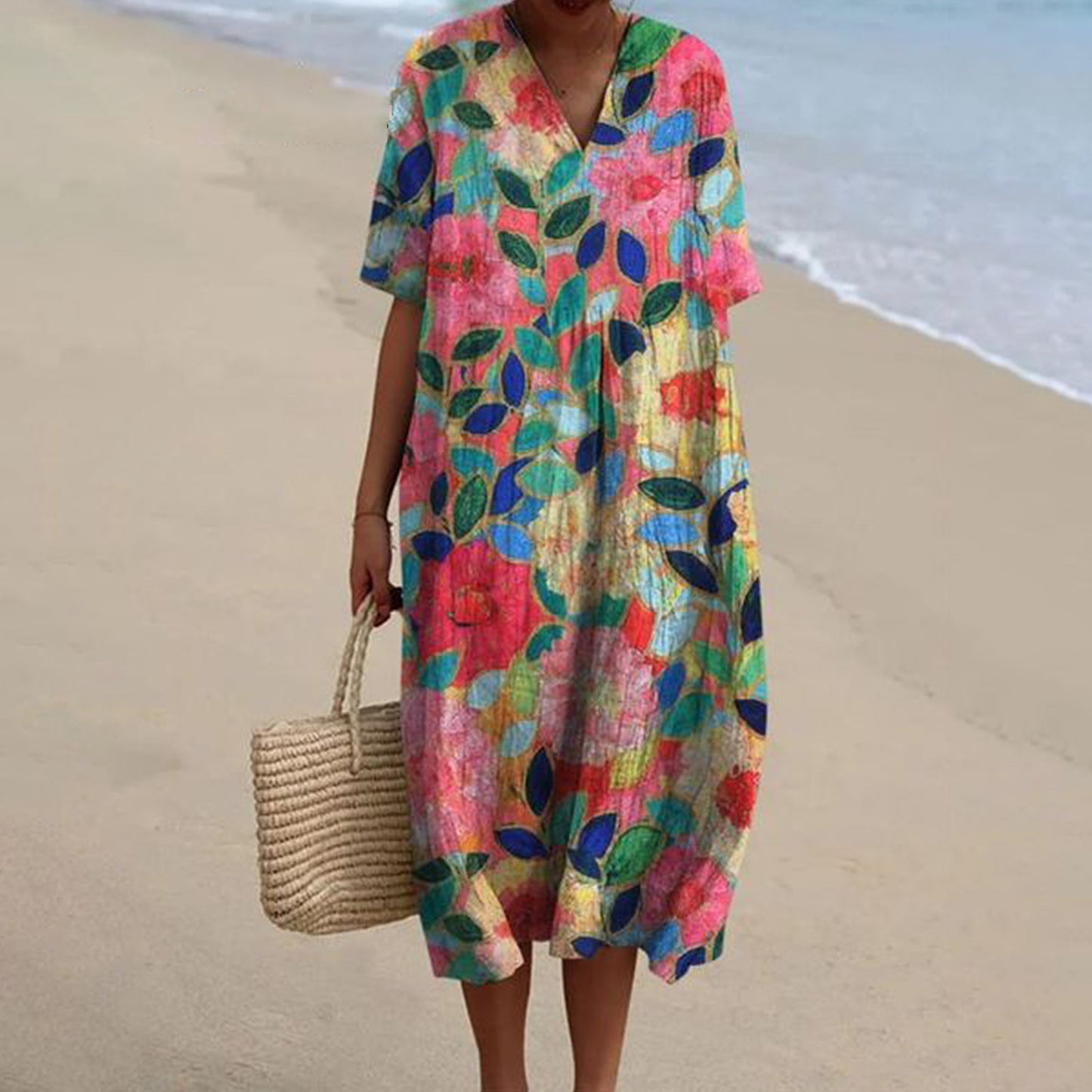 Women's Pocket Sleeve Dress Floral Plant Vacation Dresses