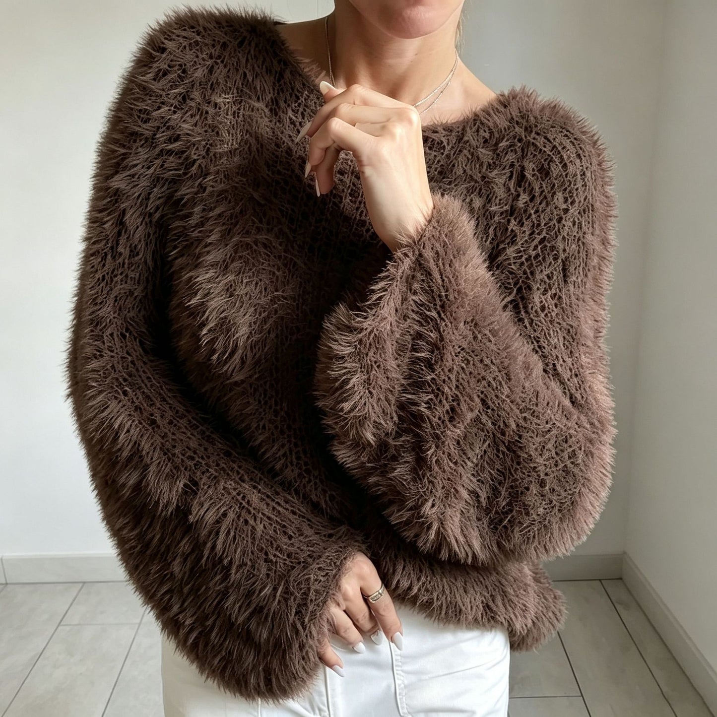 Women's Neck Fluffy Design Solid Long Sleeve Tops