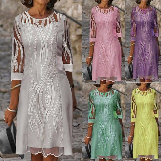 Women's Summer Fashion Round Neck Lace Stitching Half Dress