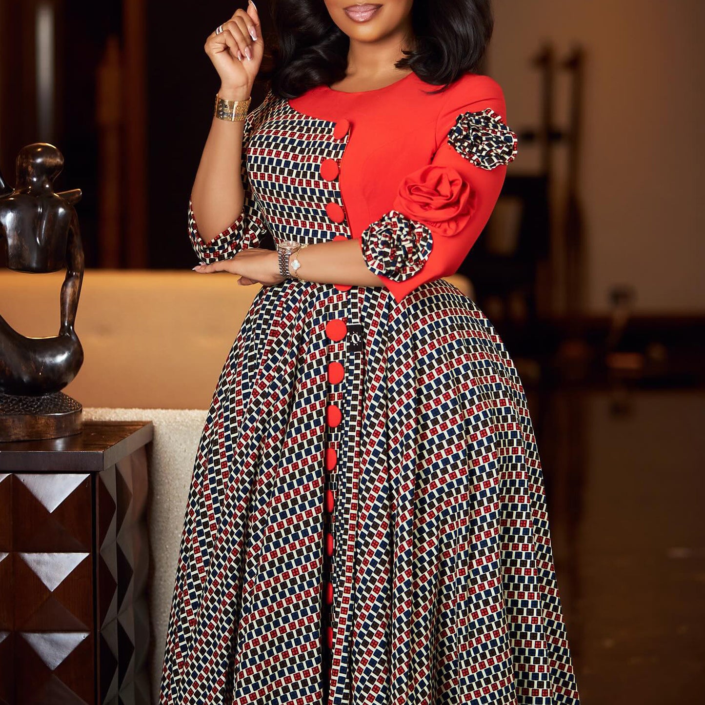 Women's Fashion Elegant Round Neck Sleeves Printed Dress