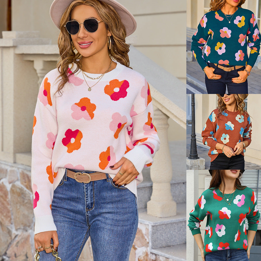 Women's Large Flower Color Matching Long Sleeve Round Neck Fashion Sweaters