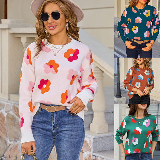 Women's Large Flower Color Matching Long Sleeve Round Neck Fashion Sweaters