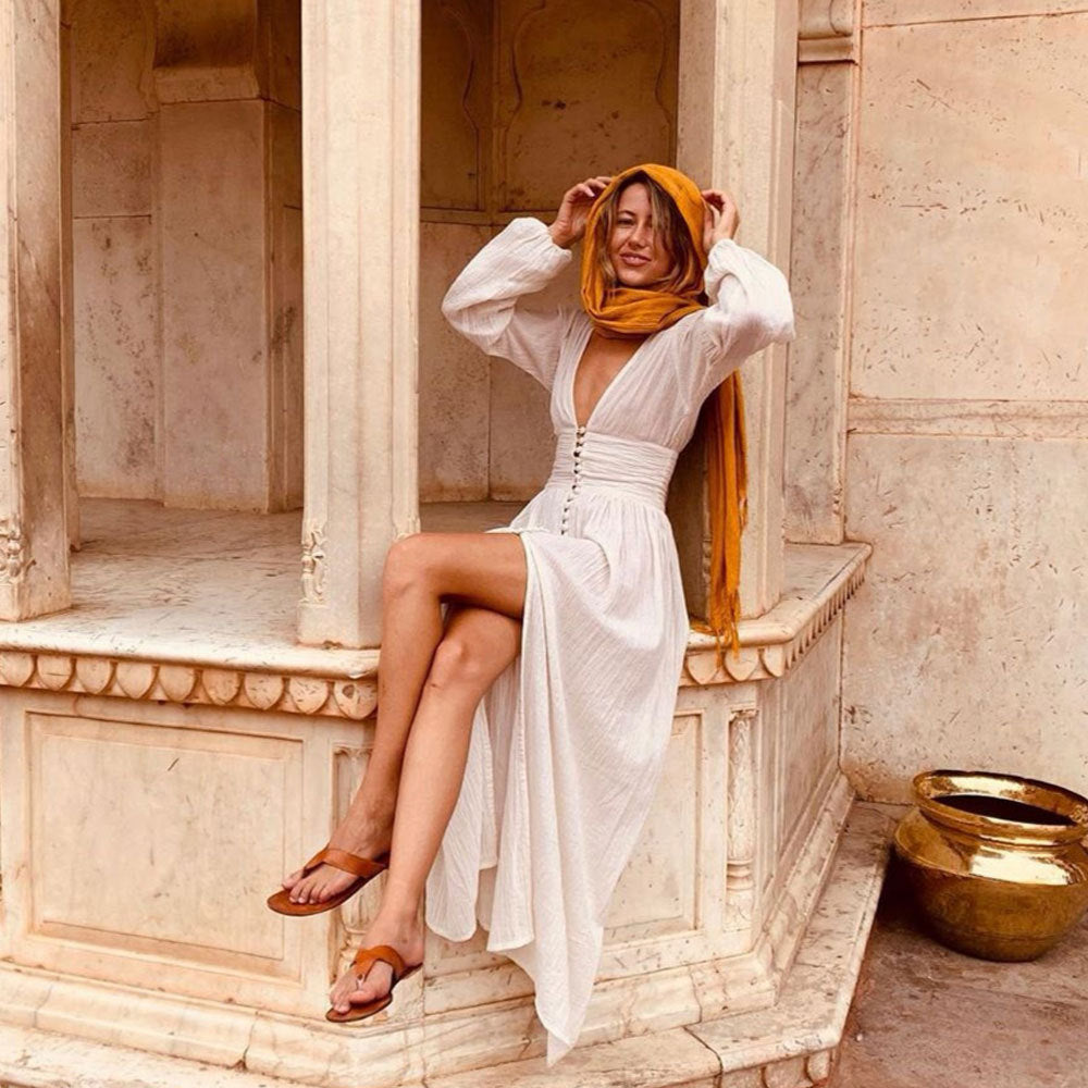 Women's Waist Pleated Loose Slit Temperament Long Dresses