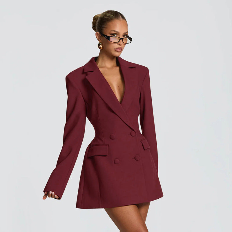 Women's Fashion Solid Color Deep Tight Waist Faux Pocket Temperament Suits