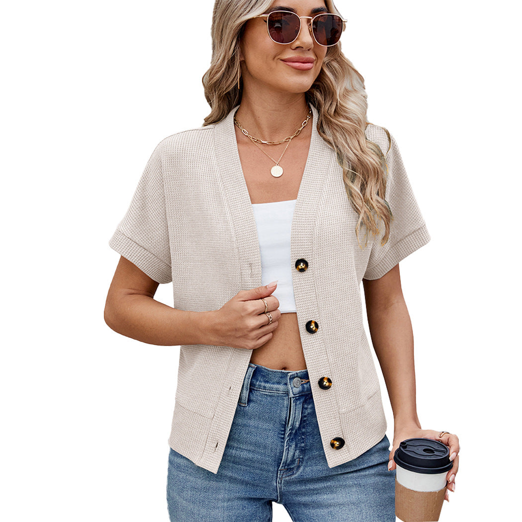 New Waffle Casual Knitted Button Sleeve Women's Sweater