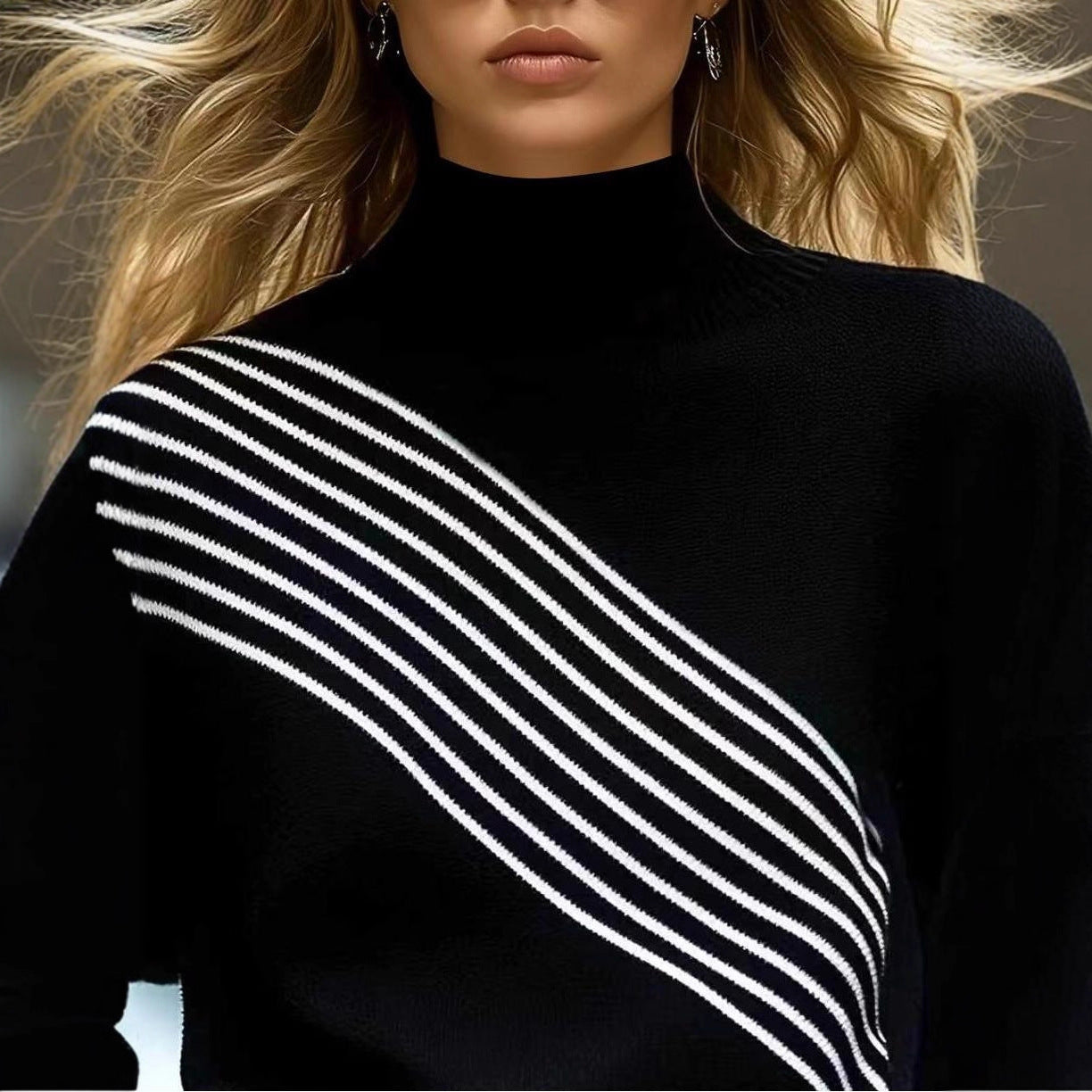 Women's Striped Contrast Color Turtleneck Fashion Simple Sweaters