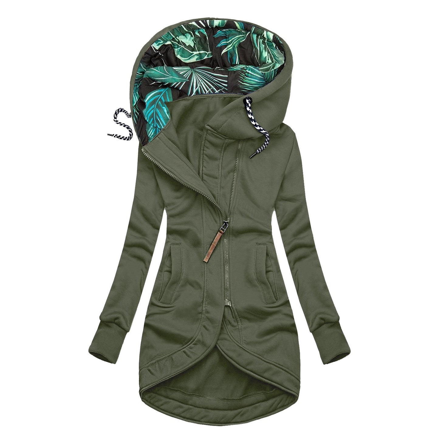 Women's Solid Color Fashion Zipper Printed Hooded Women's Sweater, Sweater