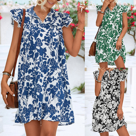 Beautiful Lace Up Ruffle Sleeve Printed Dress