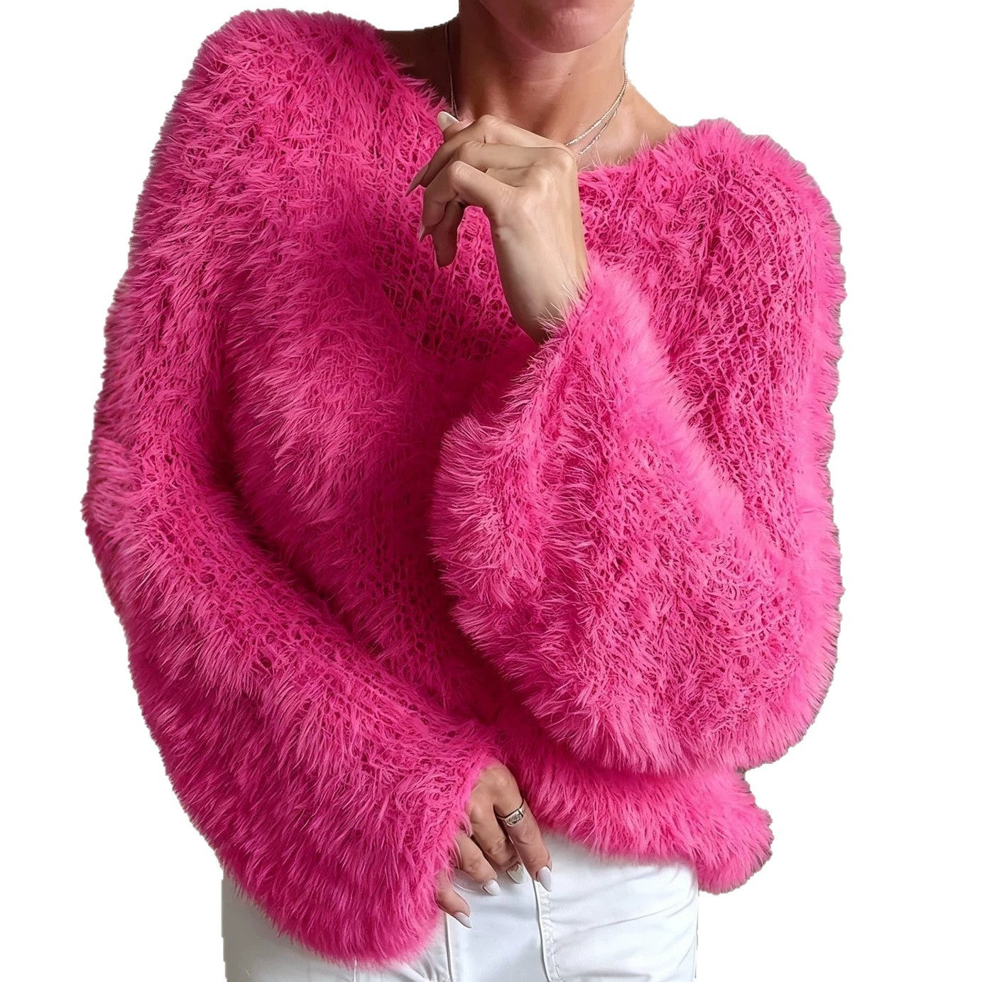 Women's Neck Fluffy Design Solid Long Sleeve Tops
