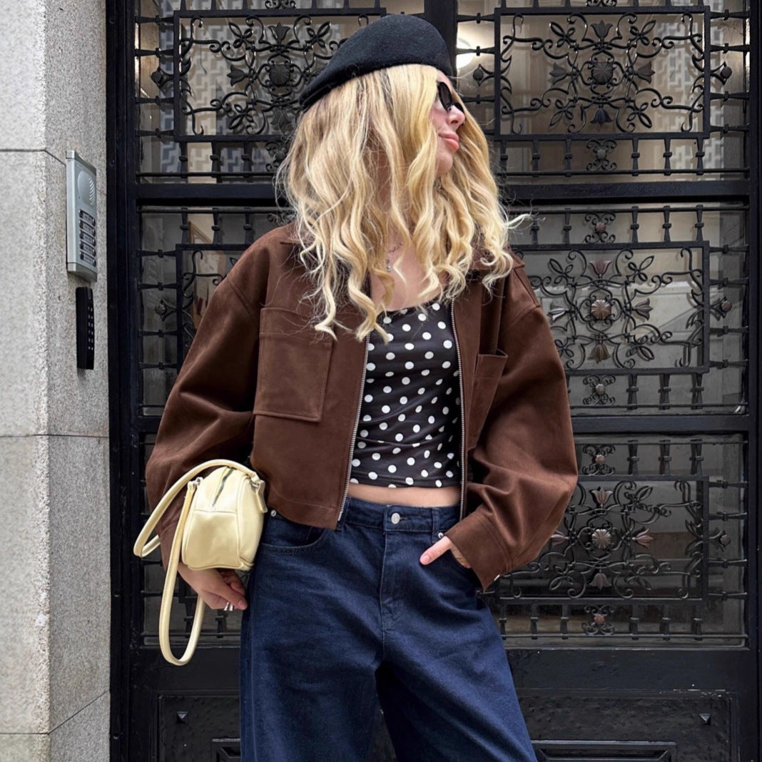 Women's Long Sleeve Suede Brown Small Zipper Blazers