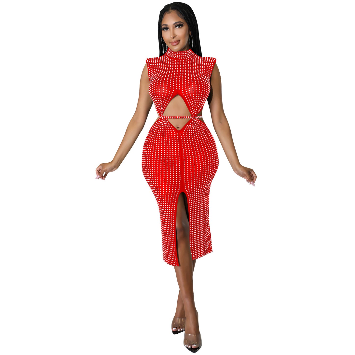 Women's Fashion Sexy Mesh Rhinestone Hollow Split Dresses