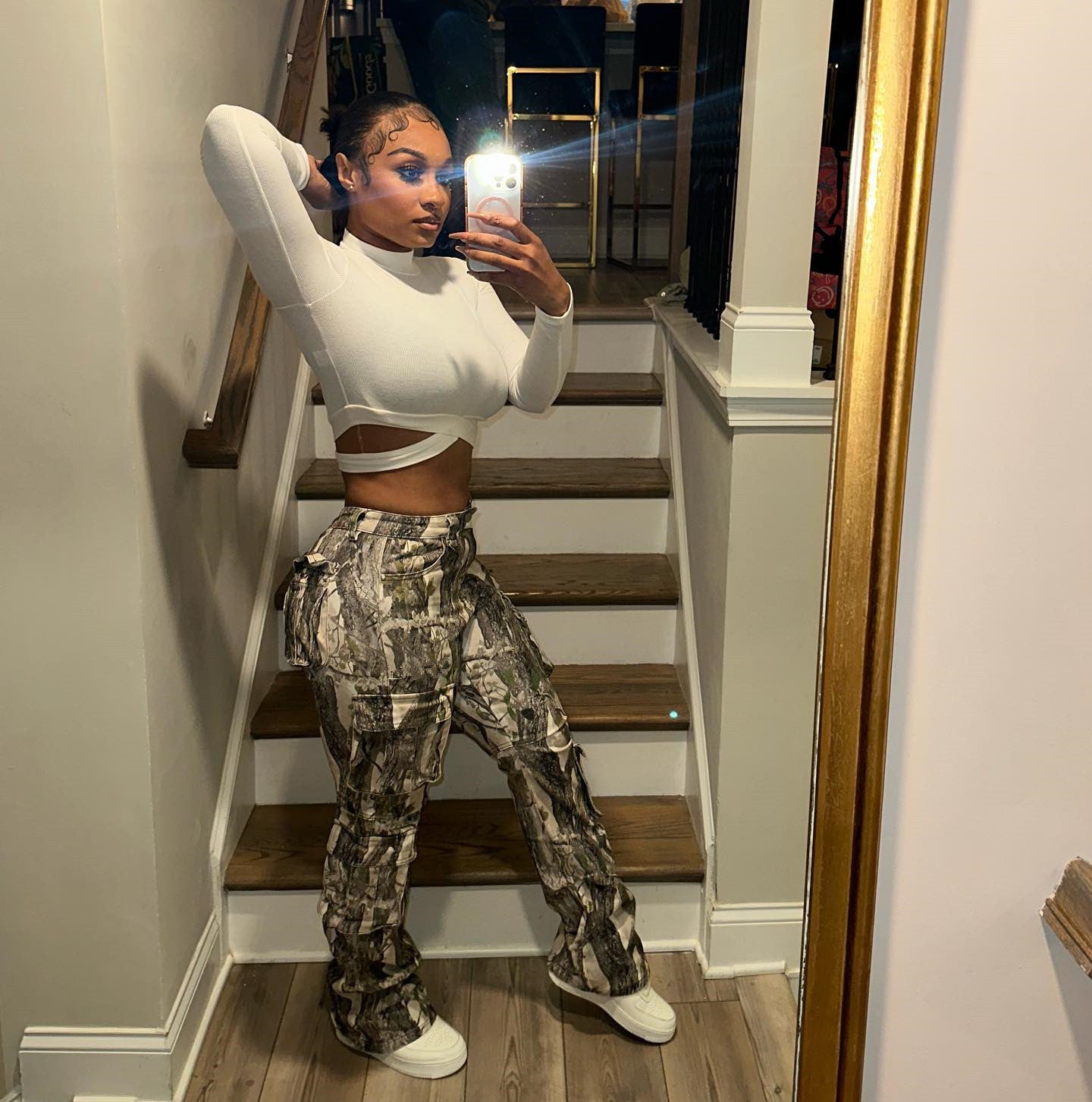 Hipster Stitched Camouflage Printed High Waist Contrast Pants