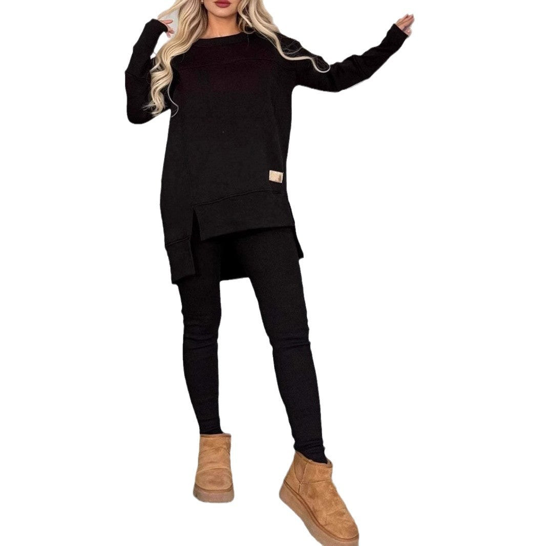 Women's Slit Long Sleeve Crew Neck Casual Suits