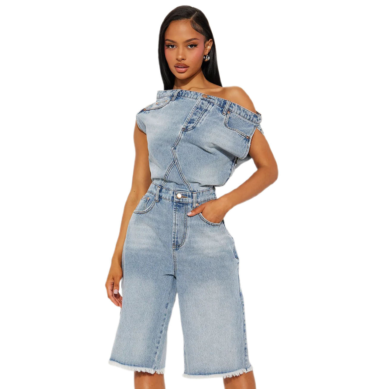 Casual Fashion Tube Slim Fit Denim Jumpsuits