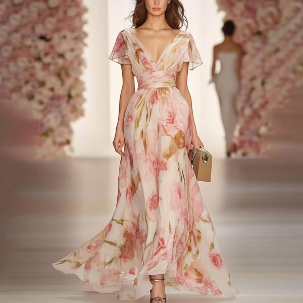 Women's Short-sleeved Digital Printed Long Elastic Waist Dresses