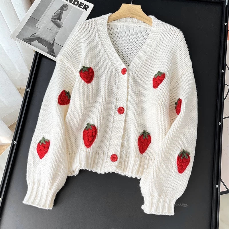Fashion Three-dimensional Embroidered Strawberry Jacquard Knitted Soft Cardigans