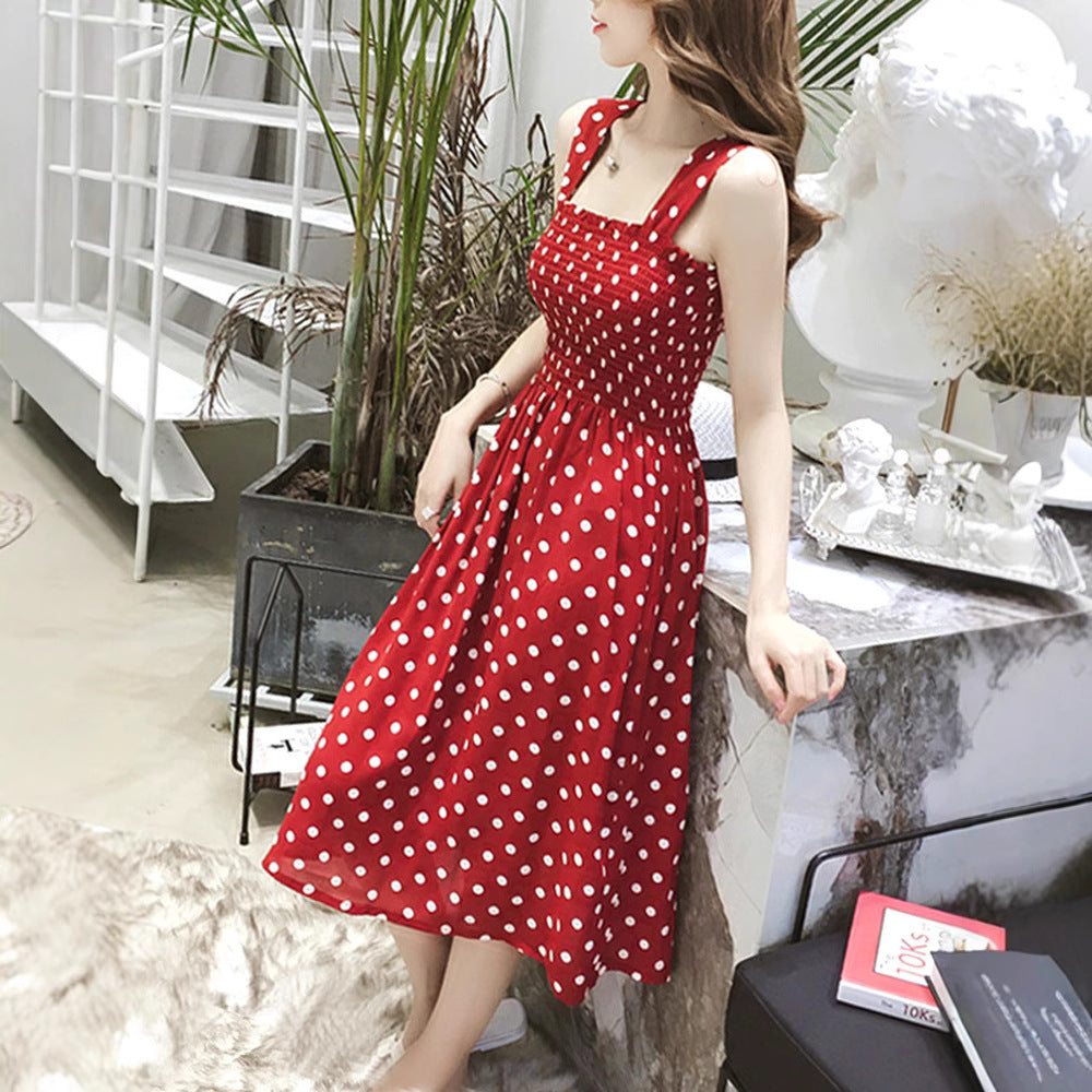 Women's Red Inner Strap Summer Mid-length Polka Dress