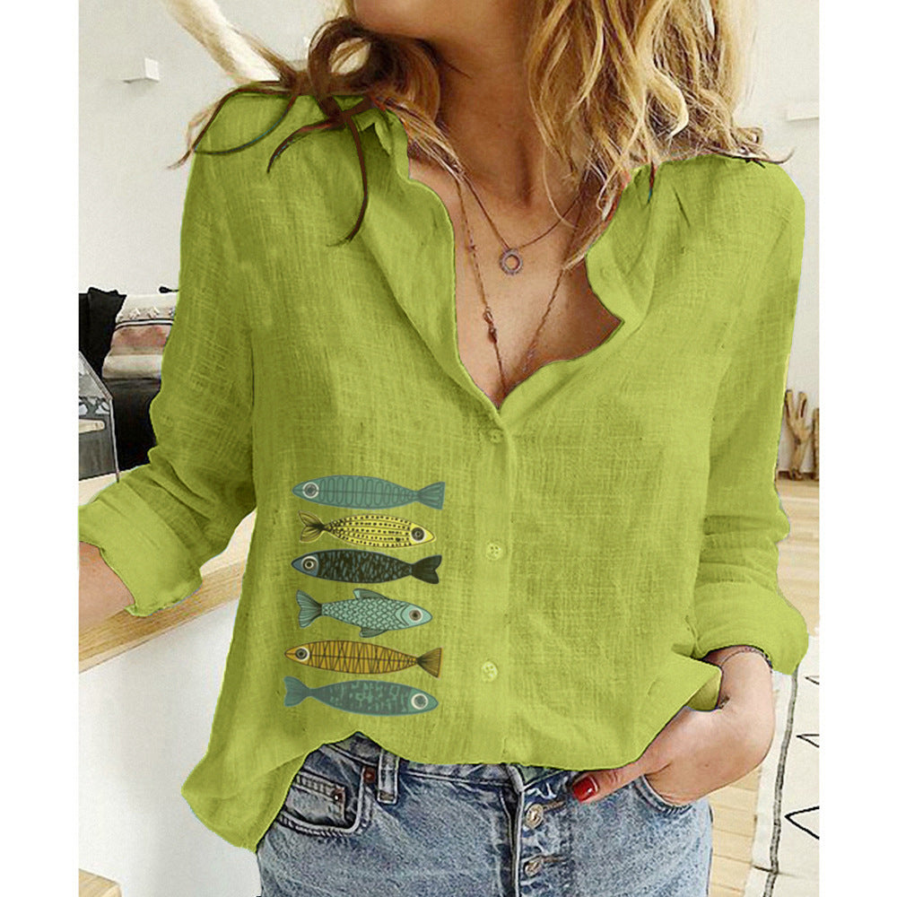 Women's Casual Loose Long-sleeved Linen Shirt Large Clothing
