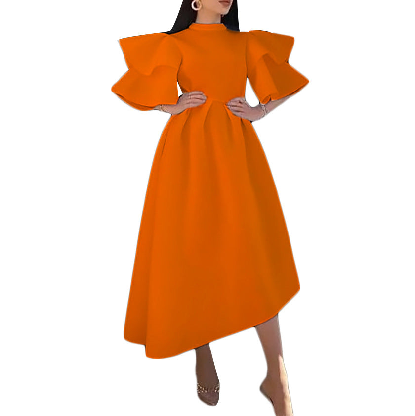 Women's African Wear Summer Ruffle Sleeve Solid Dress