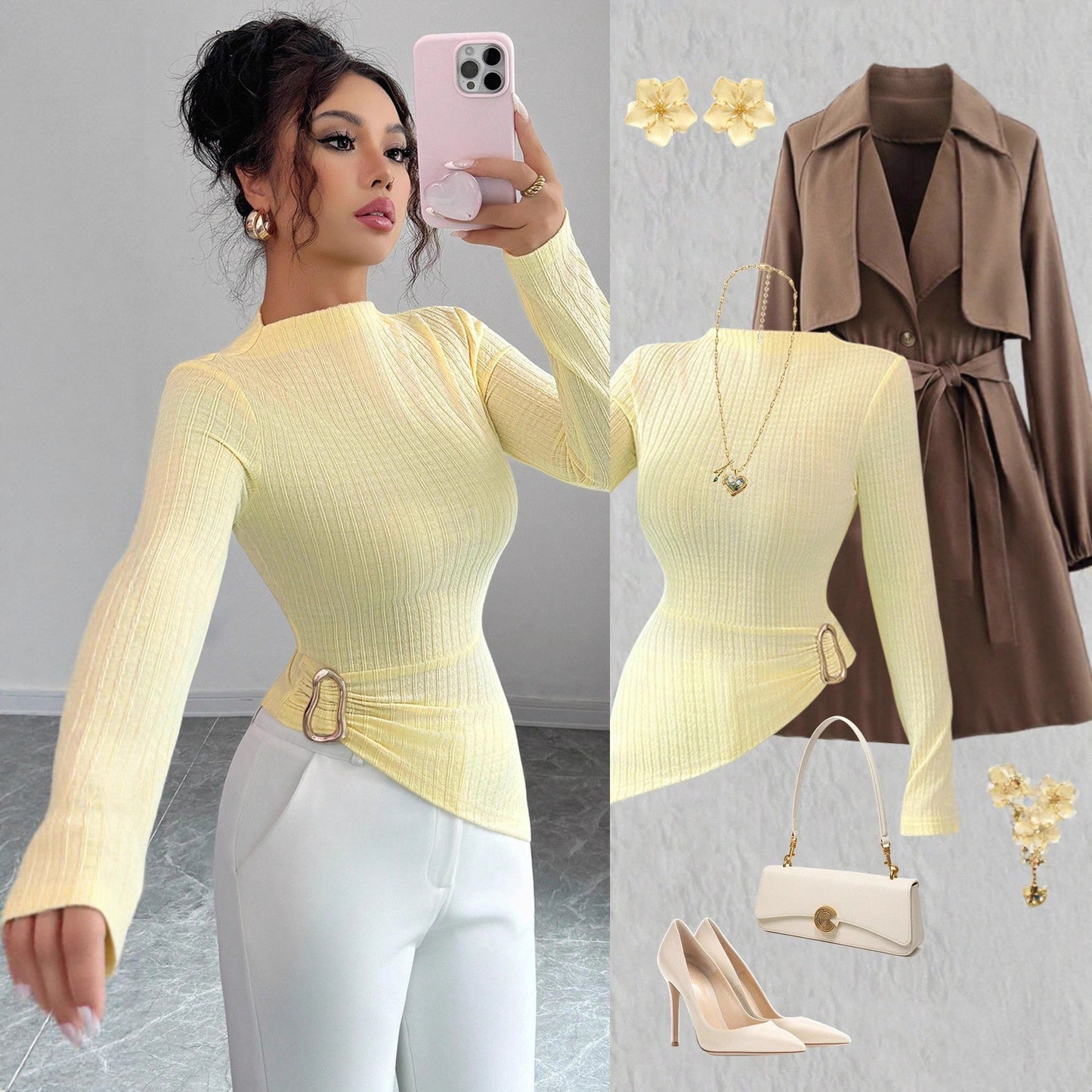 Women's Fashion Wear Long Sleeve Metal Buckle Tops