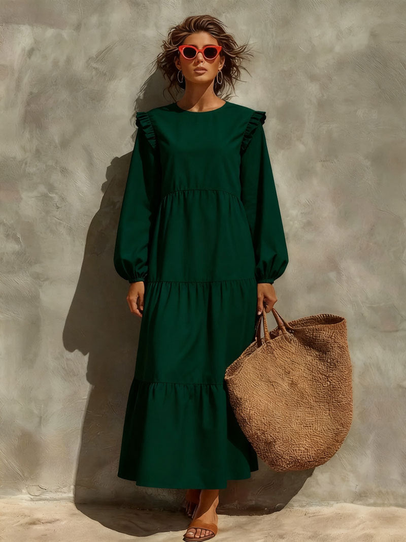Neck Casual Loose Long Sleeve Solid Dress