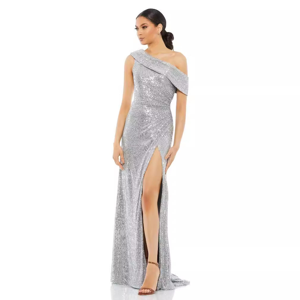 Fashionable Sequins Temperament Diagonal Collar High Dresses