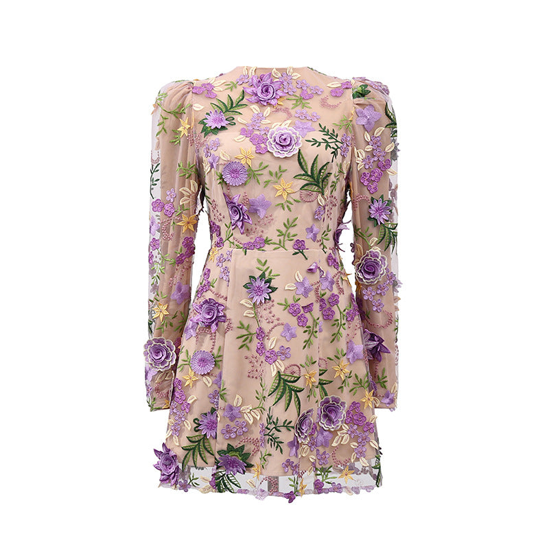 Women's Three-dimensional Flower Embroidered Slim Long Sleeve Dresses