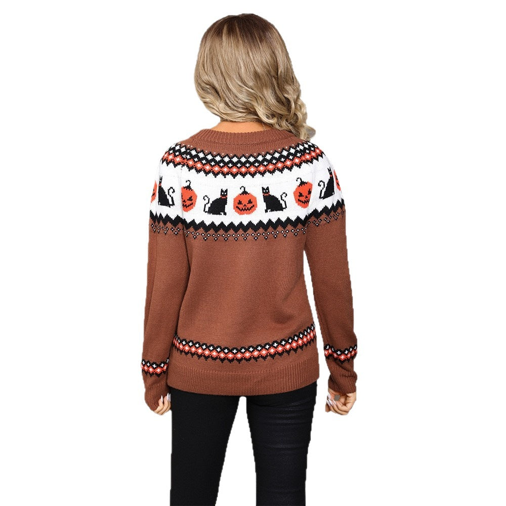 Women's Winter Oversized Knit Christmas Halloween Pumpkin Kitten Sweater