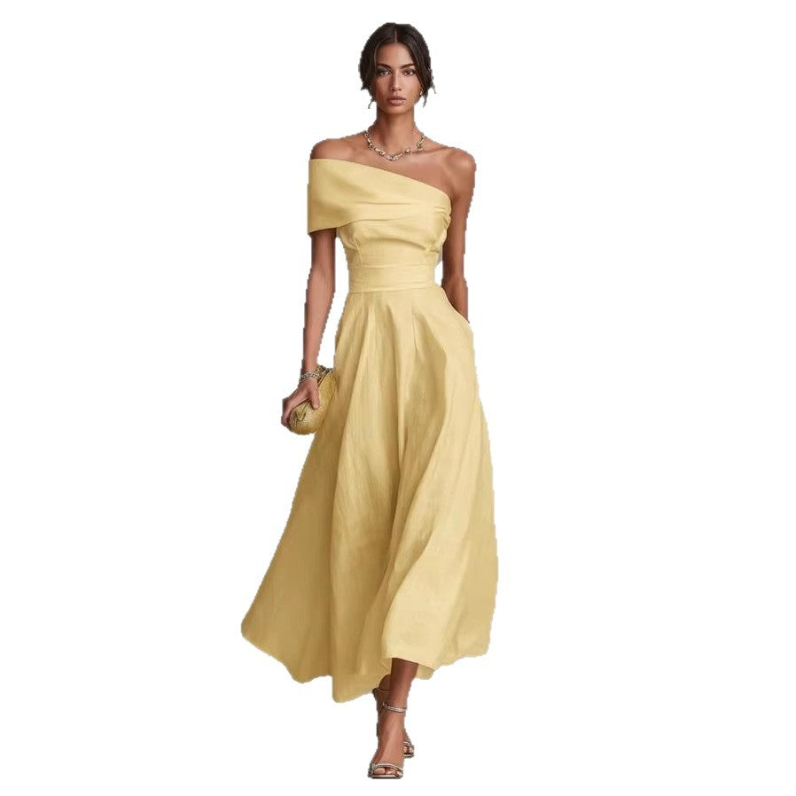 Women's Solid Color Waist Tight Slant Shoulder Collar Backless Dress