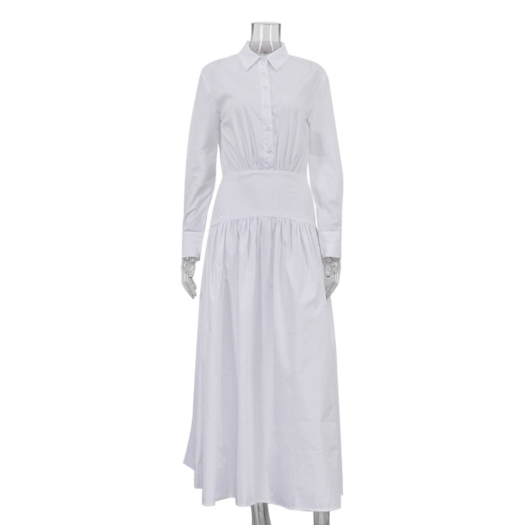 Women's Commuter Pleated A- Line Dress Lapel Long Dresses