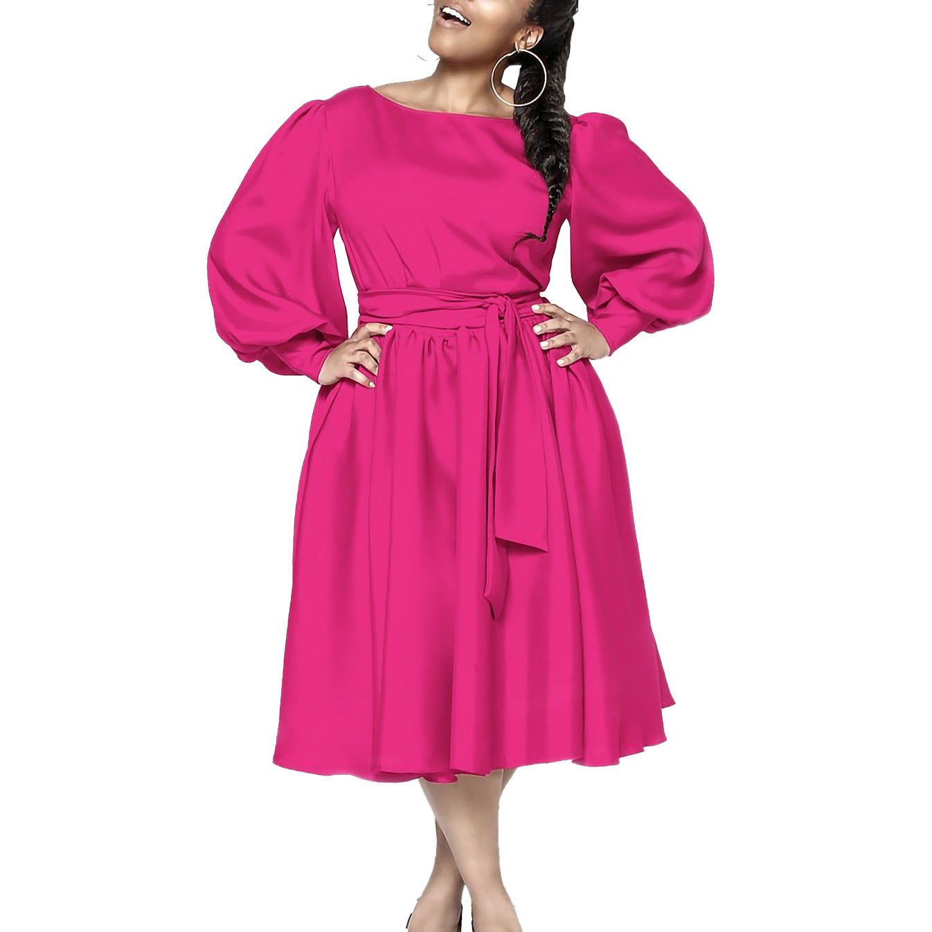 Women's Spring Long-sleeved Round Neck Solid Color A- Dress
