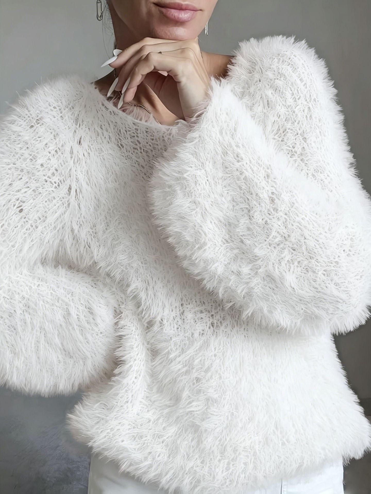 Women's Neck Fluffy Design Solid Long Sleeve Tops