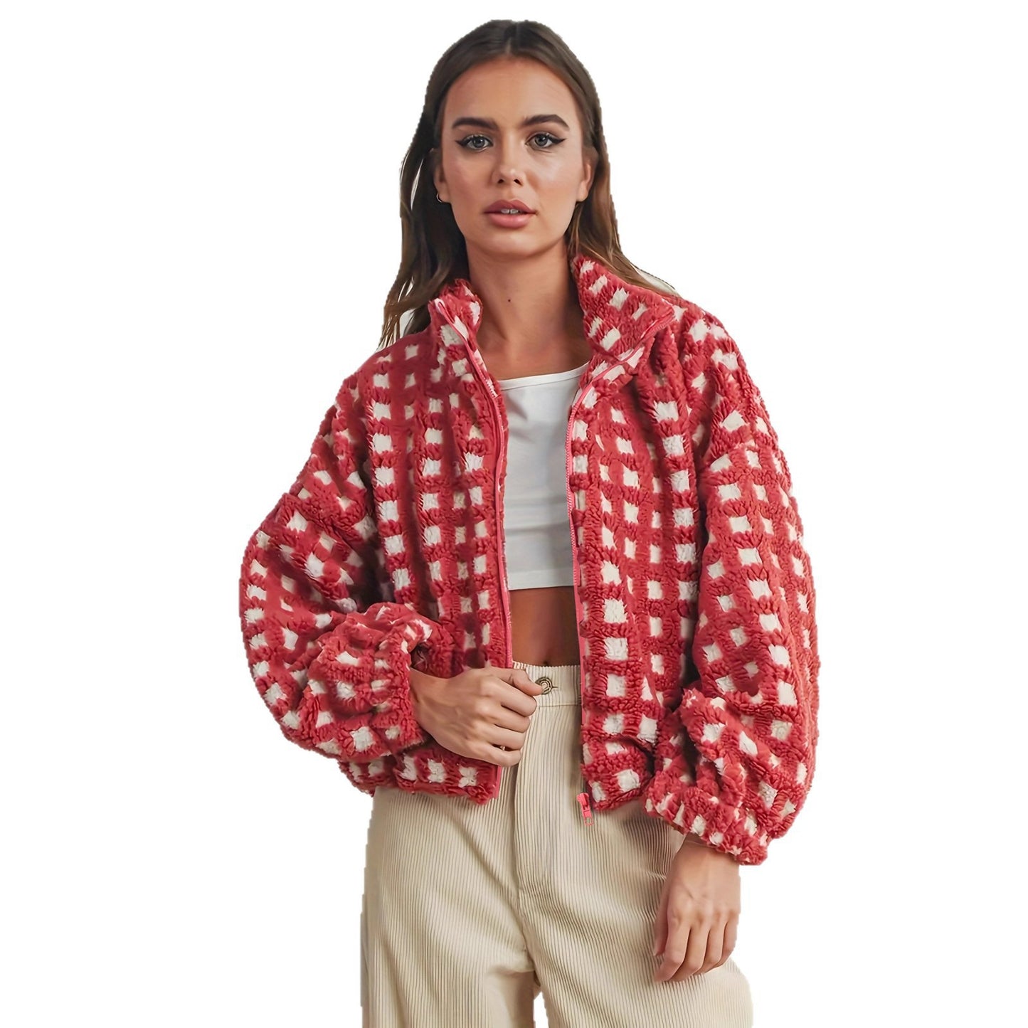 Women's Fashion Design Plush Red Plaid For Coats
