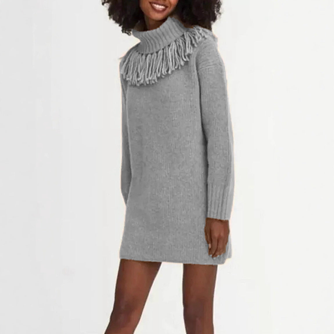 Knitted Tassel Bucket Turtleneck Dress Mid-length Women's Sweater