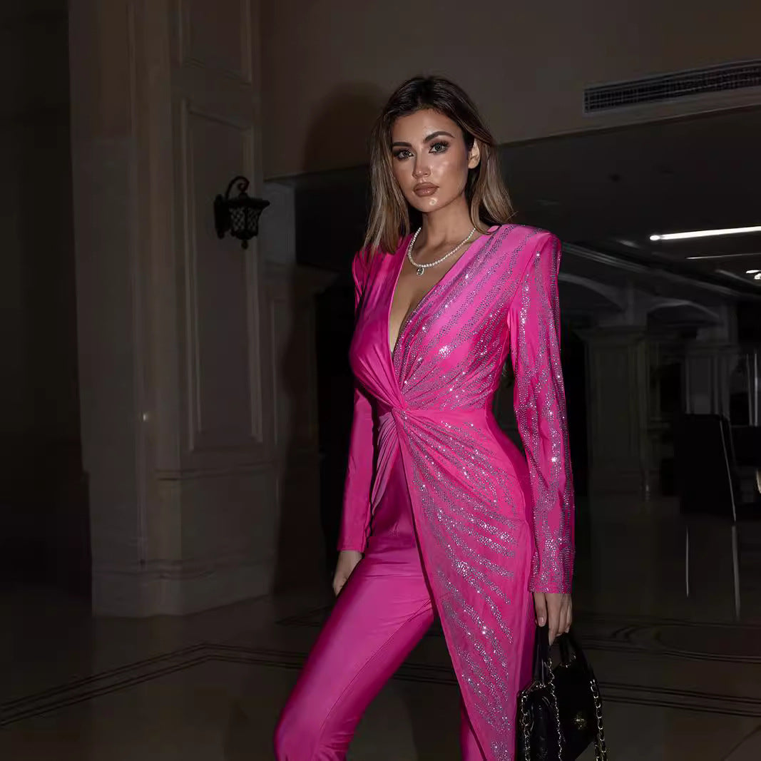 Women's Fashion Wear Shiny Rhinestone Sexy Deep Jumpsuits