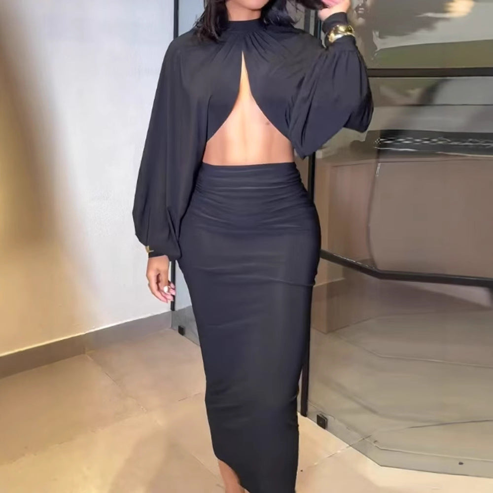Solid Color Round Neck Sexy Slim Fit Fashion Casual Suit