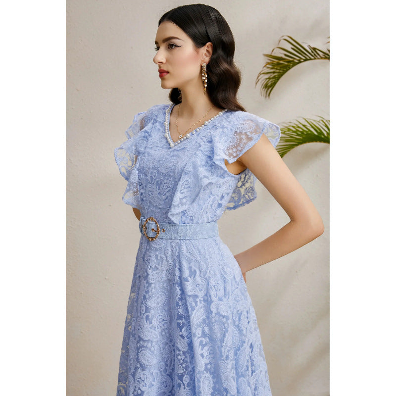 Women's Flying Sleeve Dress Mesh Embroidered Waist Dresses