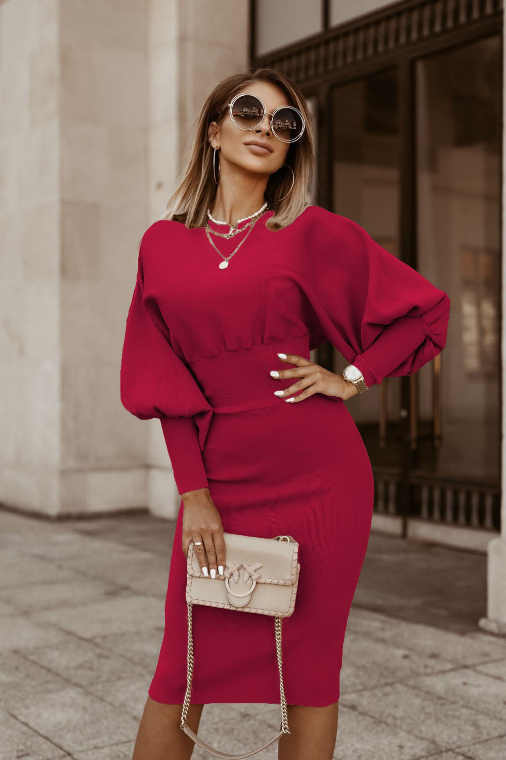 Women's Solid Color Lantern Sleeve Waist One-step Dresses