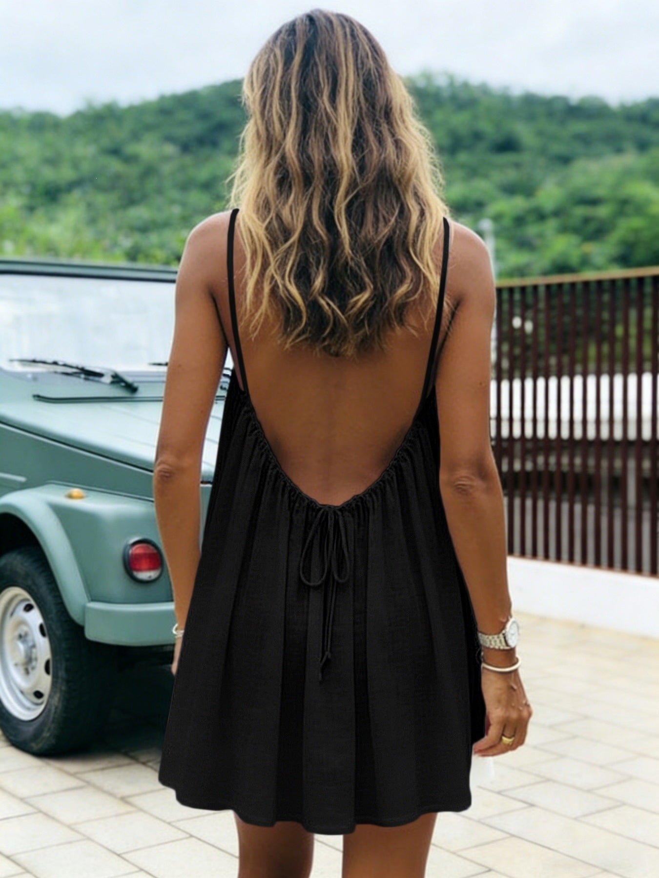 Women's Ice Silk Wrinkle Solid Color Pleating Backless Dress