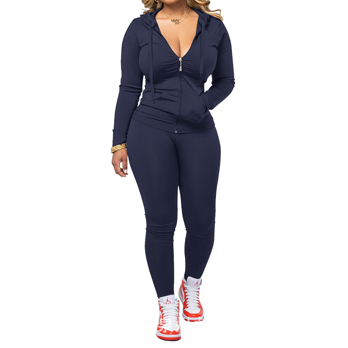 Women's Neck Zipper With Trousers Two-piece Set Fashion Casual Suit