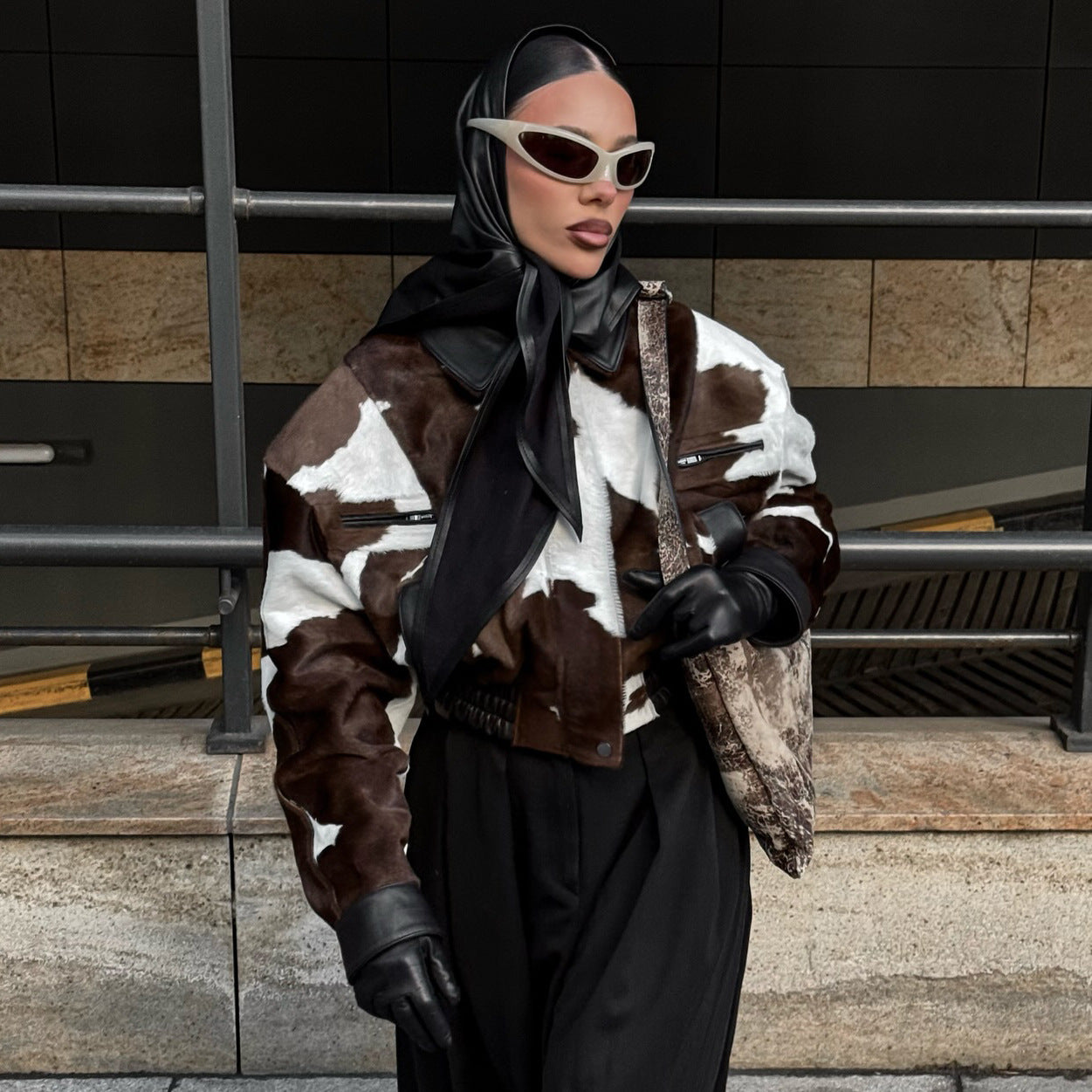 Women's American Street Style Design Sense Cows Pattern Leather Niche Jackets