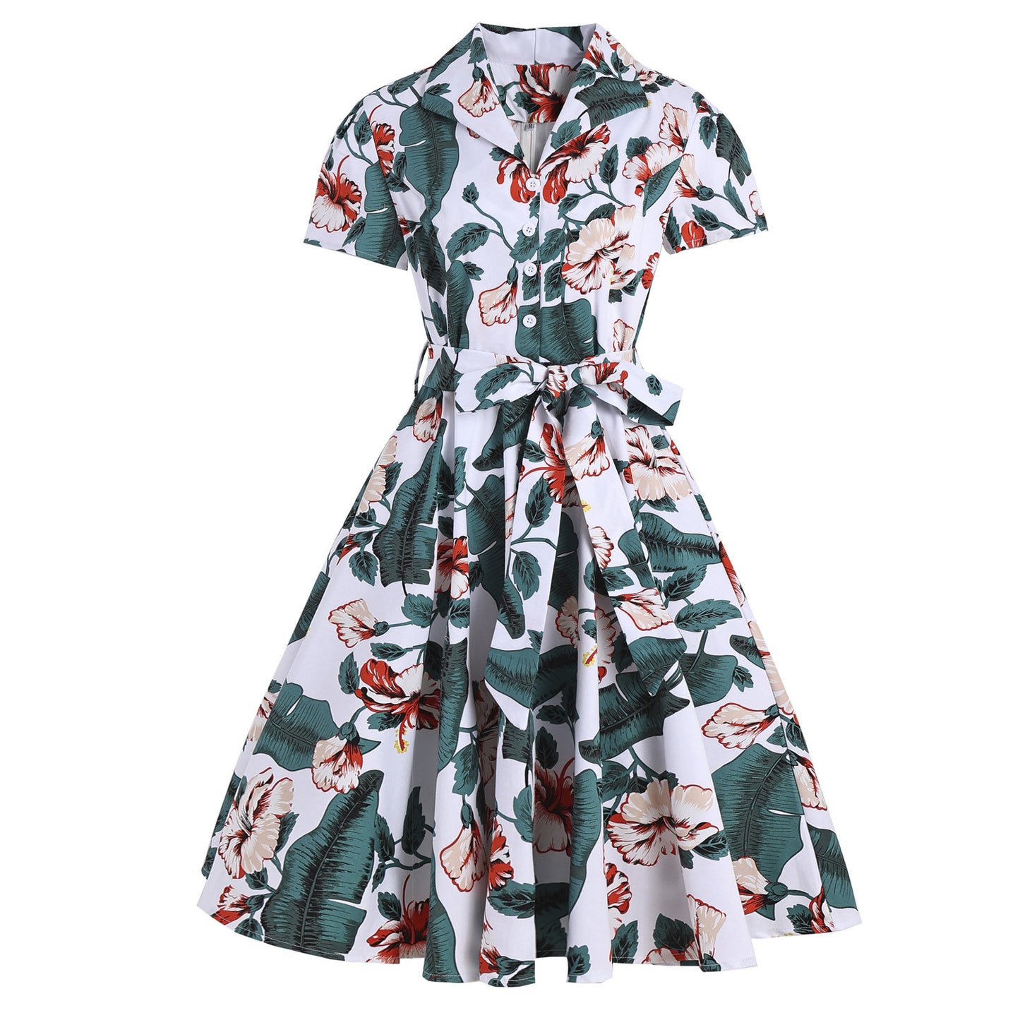 Retro Lapels Sleeve Fresh Printed Large Swing Cotton With Shorts